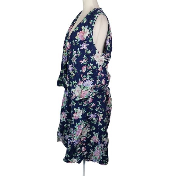 Vintage 80s Navy Blue Floral Vest and Midi Skirt Matching Set XXL - Picture 3 of 4